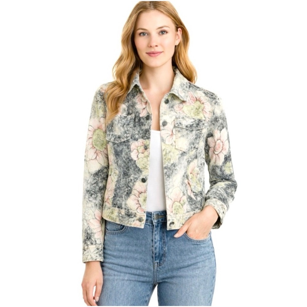 Chicos Floral Blossom Corduroy Jacket‎ Size 1 Womens Grey Pink Button Front Coat